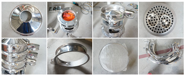 不銹鋼振動篩結構展示：防塵蓋，出料口，閘門，篩網于彈跳球，底座，振動彈簧等。