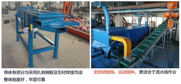 直線篩分機(jī)篩體各部分均采用扎制鋼板及型材焊接而成整體剛度好,牢固可靠;全封閉結(jié)構(gòu)、自動排料、更適合于流水線作業(yè)。