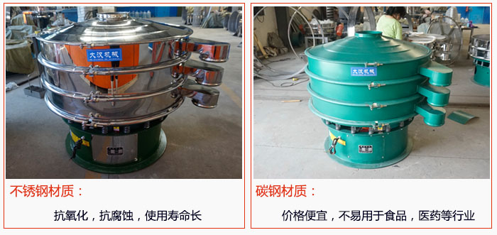 800型振動篩有不銹鋼和碳鋼兩種材質，不銹鋼材質：抗氧化，抗腐蝕，使用壽命長 碳鋼材質：價格便宜，不易篩分食品，化工，醫藥等行業的物料。
