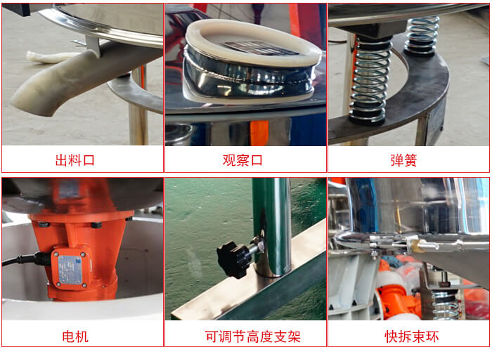 高頻篩細節展示:出料口,觀察口,彈簧,電機,可調節高度支架,快拆束環。