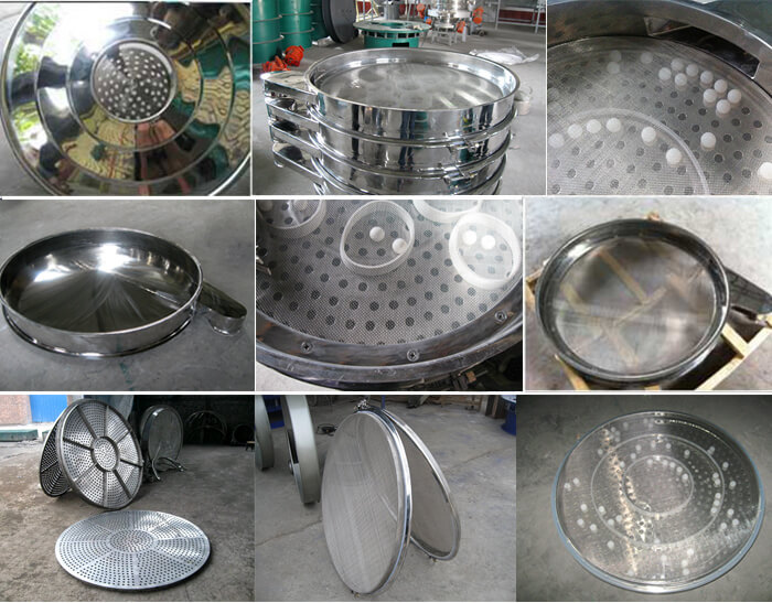 食品振動篩細節展示：防塵蓋，篩框，網架，底框等。